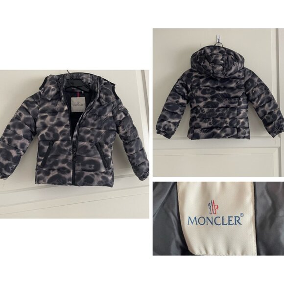 Moncler Kid's Black Gray Animal Print Hooded Down Puffer Jacket 20959